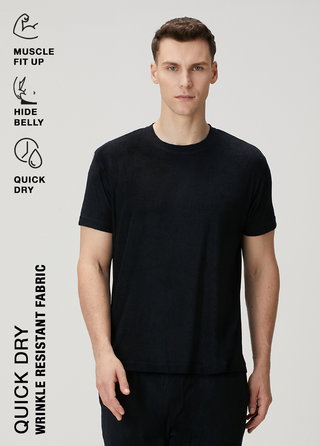 Qsimple Havlu Luxe Touch™ – Muscle Up Fit Koyu Lacivert Towelling Tişört SIMPLEQLOTH