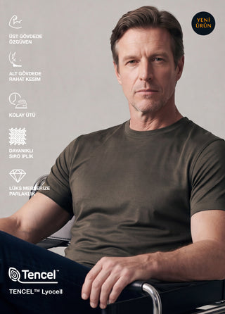 Lyon I İpeksi Merserize Lenzing Tencel - Muscle Up Hide Belly Fit Tshirt - Smoked Khaki SIMPLEQLOTH