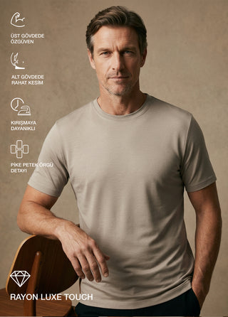 OSAKA | Rayon Luxe Touch - Kırışmaz - Qsimple Muscle Up Fit Hide Belly Tshirt - Cashmere Latte SIMPLEQLOTH
