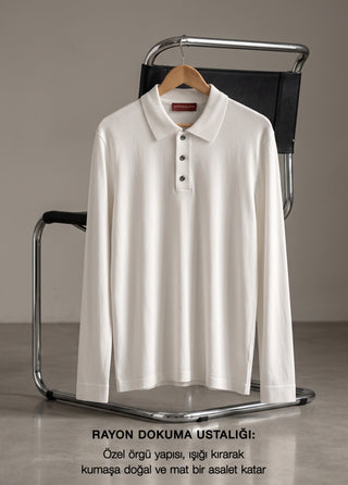 SARDIS | 4 Mevsim Uzun Kol Triko Rayon Polo Tshirt - Muscle Up Hide Belly Fit - Off White SIMPLEQLOTH