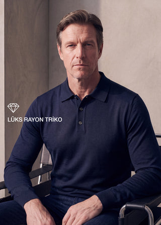 SARDIS | 4 Mevsim Uzun Kol Triko Rayon Polo Tshirt - Muscle Up Hide Belly Fit - Dark Navy SIMPLEQLOTH