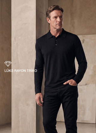 SARDIS | 4 Mevsim Uzun Kol Triko Rayon Polo Tshirt - Muscle Up Hide Belly Fit - Black SIMPLEQLOTH