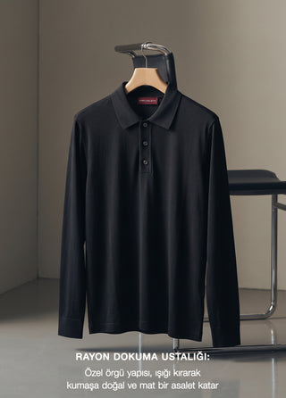 SARDIS | 4 Mevsim Uzun Kol Triko Rayon Polo Tshirt - Muscle Up Hide Belly Fit - Black SIMPLEQLOTH